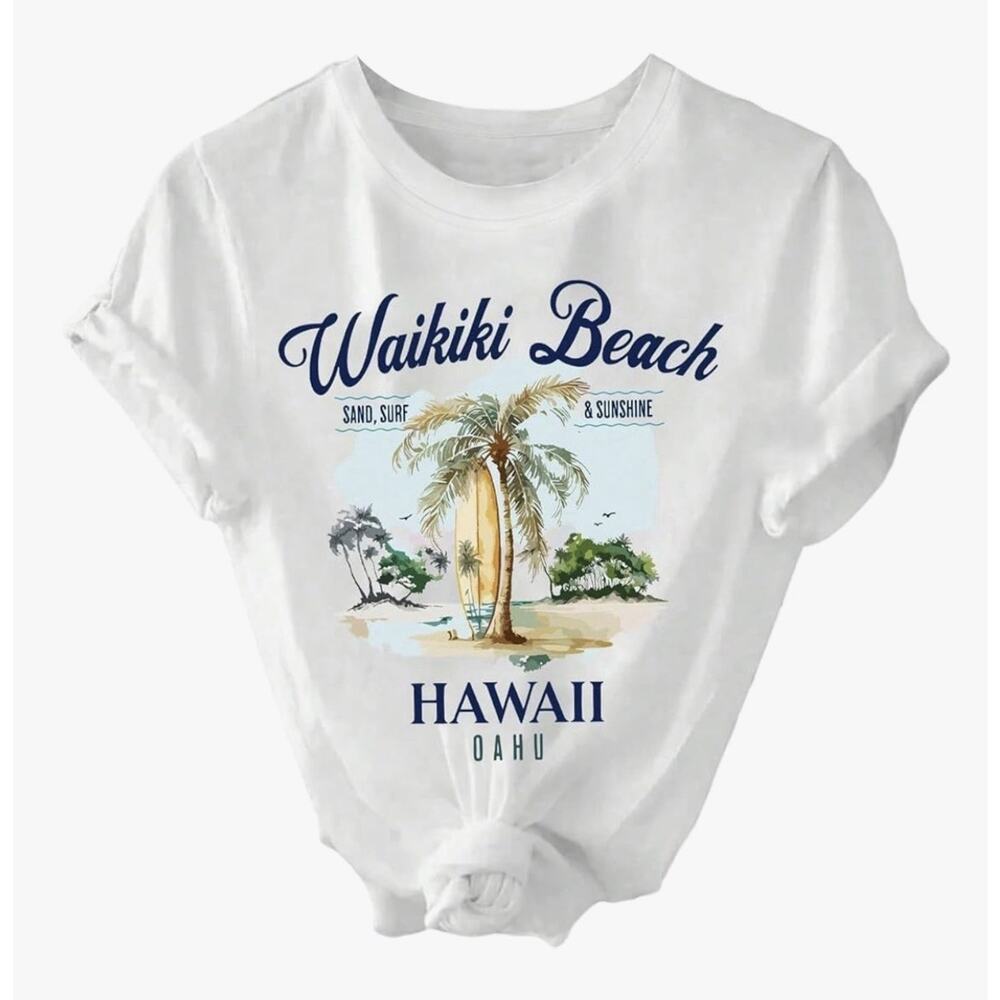 SweatyRocks Waikki Beach T-Shirt White Women's Large (Fits like a Medium)
